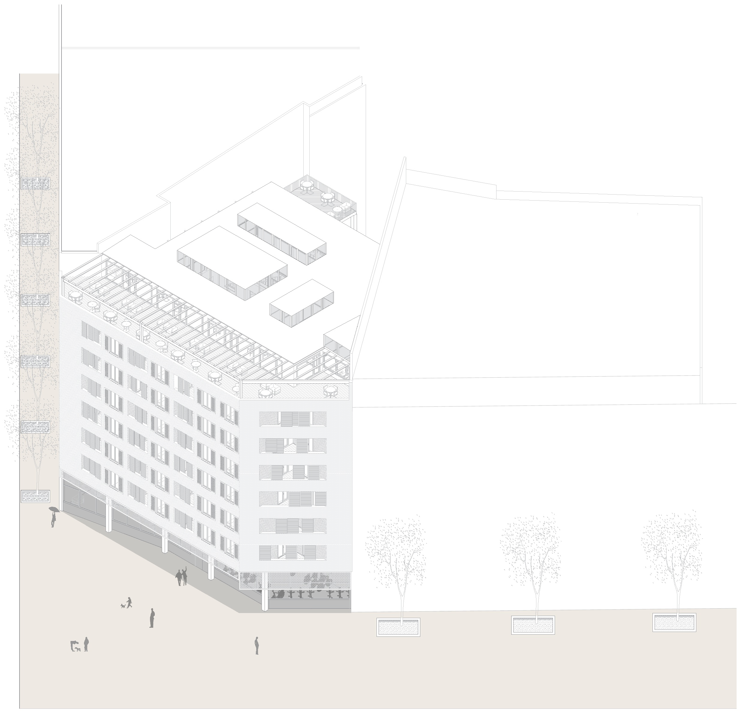 Axonometría frontal del edificio
