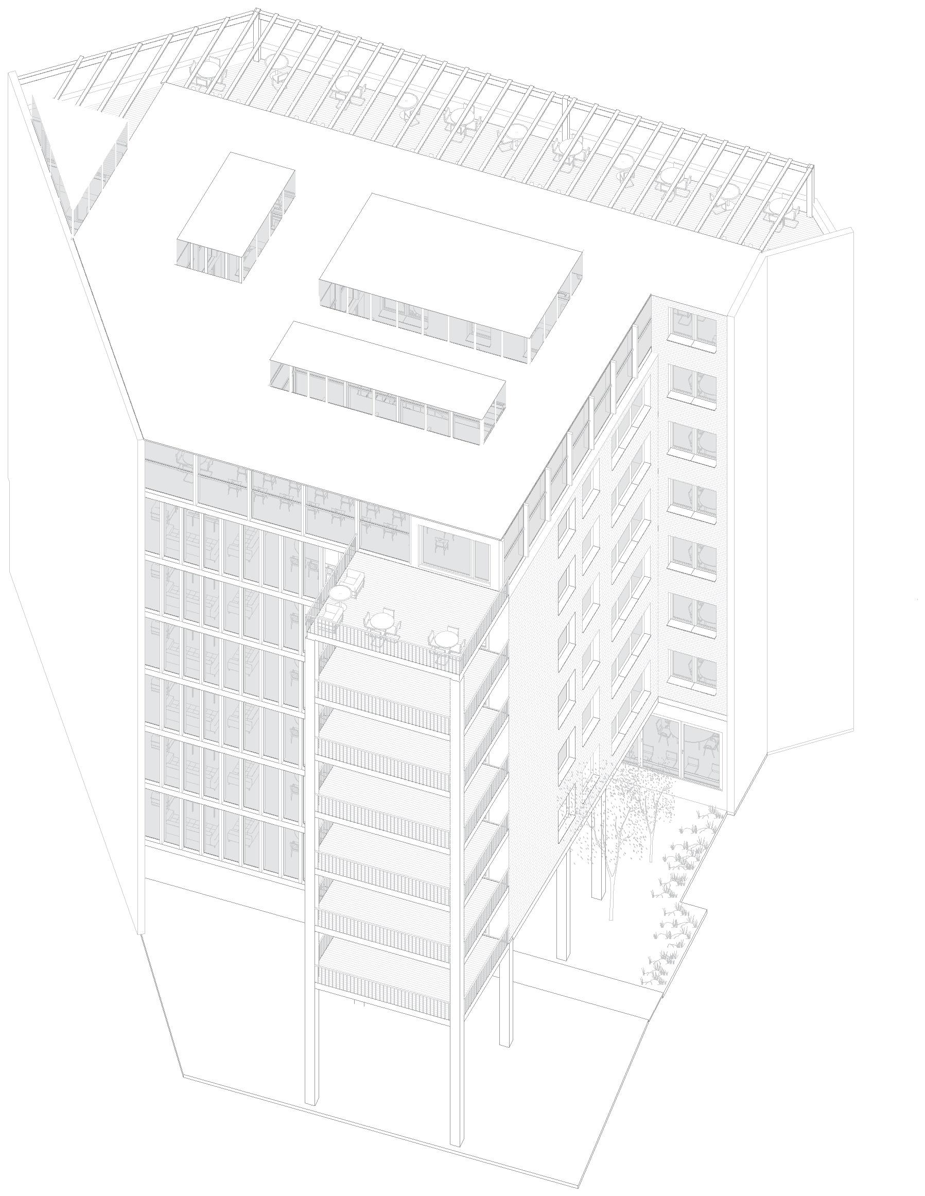 Axonometría posterior del edificio